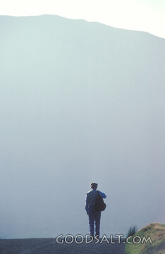 A man walking down a road with tall mountains in the distance.