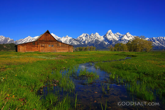 Barn, Mountains, and Creek