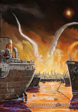 Burning City With Ships in the Harbor