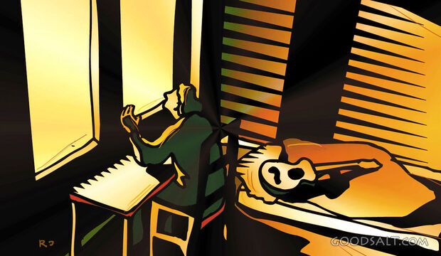 Figure With Guitar Looking Out of Window