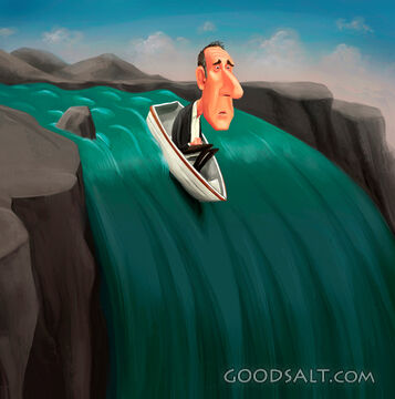Man Going over Waterfall in Little Boat