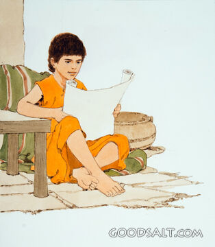 Timothy Studies Scripture on Scroll Given to Him by Eunice H
